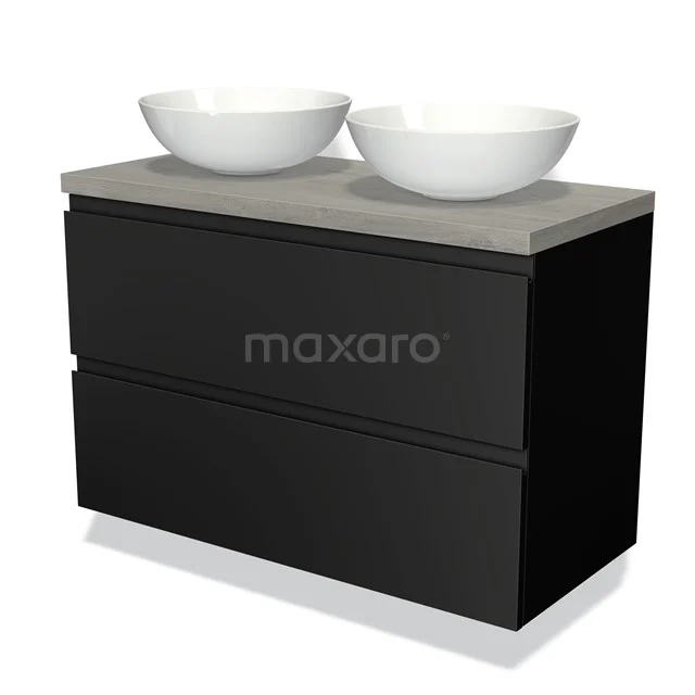 Zwart badmeubel met twee witte wastafels, betonlook blad, strak design; perfect voor moderne badkamerstijl.