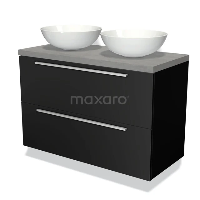 Zwarte badkamermeubel met twee witte waskommen, matte afwerking en strak design, ideaal voor moderne badkamerinrichting.