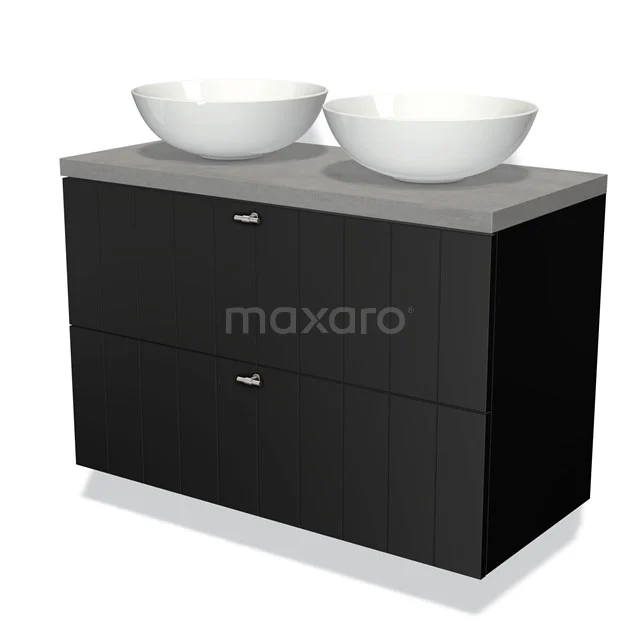 Zwarte badkamermeubel met twee witte ronde opzetkommen en grijs blad, modern design voor stijlvolle badkamers.