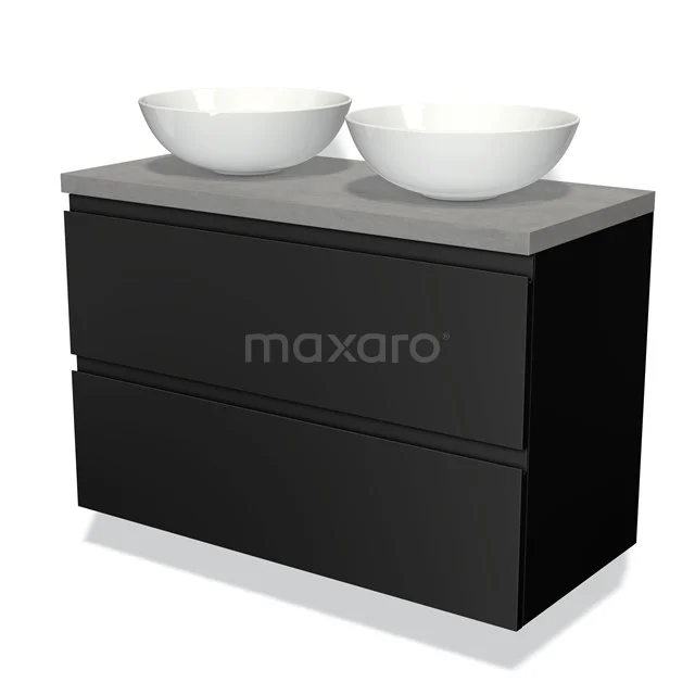 Zwarte badkamermeubel met twee witte waskommen, betonlook blad, moderne designstijl, perfect voor een stijlvolle badkamer.