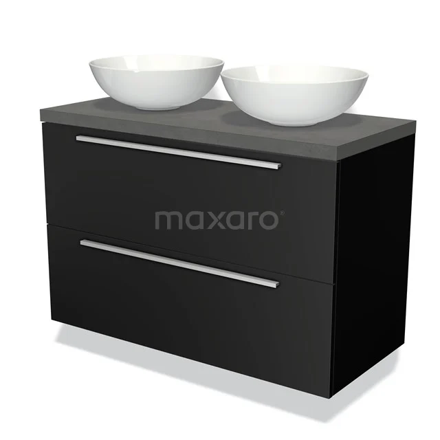 Zwarte badkamermeubelset met dubbel wastafelblad, twee witte kommen en metalen handgrepen; modern en strak design.