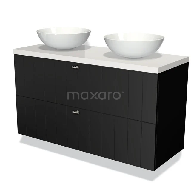 Zwart badkamermeubel met dubbele waskommen, witte keramische wastafel en strakke afwerking, ideaal voor moderne badkamers.