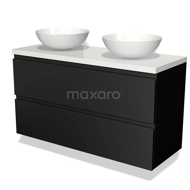 Zwarte badkamermeubelset met dubbele waskommen, wit keramiek en strak design, perfect voor een moderne badkamer.
