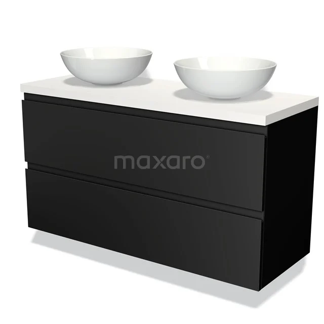 Zwarte moderne badkamermeubel met twee witte waskommen, strak design en glanzend oppervlak voor een stijlvolle badkamerinrichting.