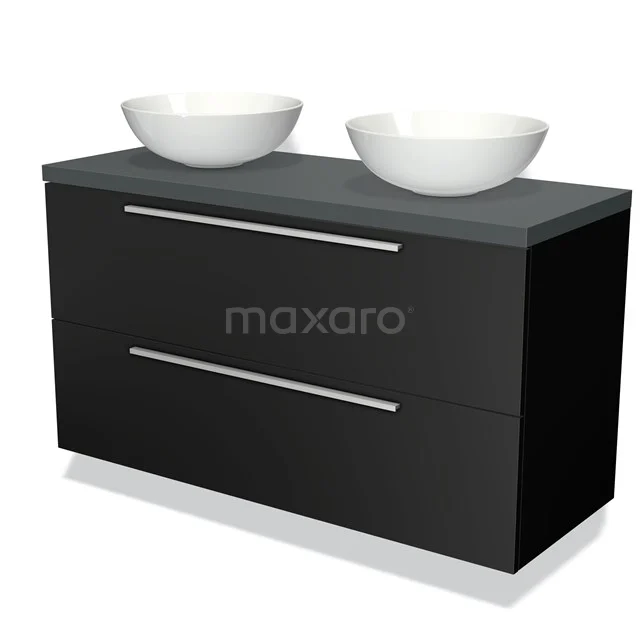 Zwarte badkamermeubelset met twee witte waskommen, strak design en metalen handgrepen, ideaal voor een moderne badkamer.