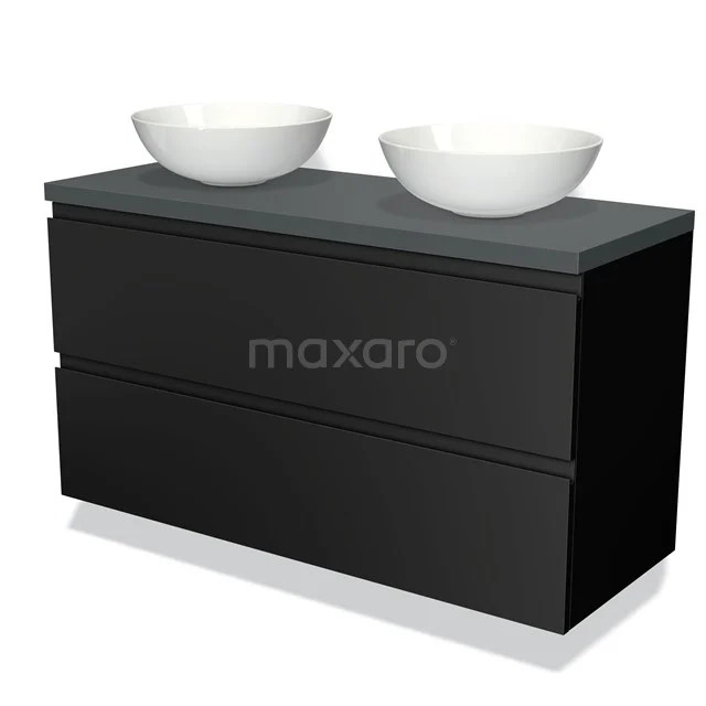 Zwart badkamermeubel met dubbel blad, voorzien van twee witte waskommen, modern design, ideaal voor de stijlvolle badkamer.