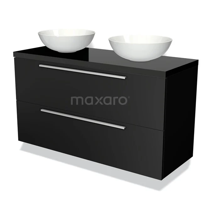Badmöbelunterschrank mit Konsole 120cm Modulo Plato Matt Schwarz 2 Schubladen Flach Hochglanz Schwarz Platte BMK17-00270 Schwarz Badmöbel mit Hochglanz-Oberfläche, zwei weiße Aufsatzwaschbecken und minimalistischen silbernen Haltegriffen.