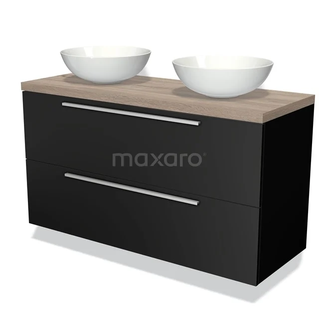 Zwart badmeubel met houtlook blad, dubbele wastafelkommen en moderne RVS-grepen, ideaal voor een stijlvolle badkamer.