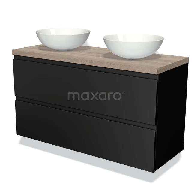 Zwart badkamermeubel met houten blad, dubbele waskom en strak design, ideaal voor een moderne badkamer inrichting.