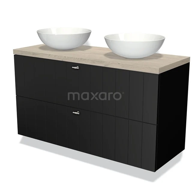 Badmöbel für Waschtischunterschrank mit Konsole 120cm Modulo Plato Matt Schwarz 2 Schubladen Lamelle Hellgraue Eiche Platte BMK17-00277 Schwarze Badmöbelset mit doppelten Aufsatzwaschbecken, Holzplatte und minimalistischem Design für einen modernen Badezimmerstil.