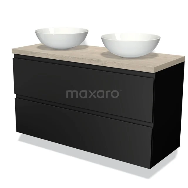 Zwart badkamermeubel met twee ronde witte waskommen en houtlook blad, modern design voor een stijlvolle badkamer.