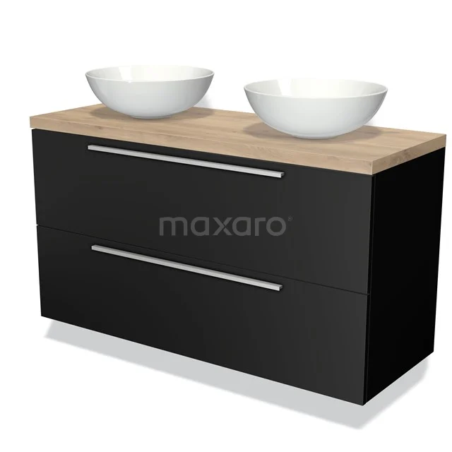 Zwarte badkamermeubel met houten blad, twee witte waskommen en moderne RVS grepen, ideaal voor een stijlvolle badkamer.