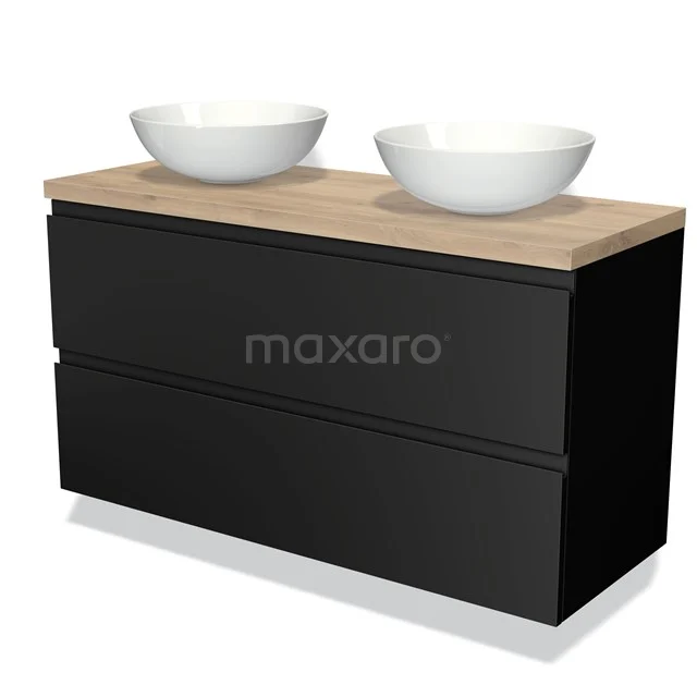 Zwart eikenhouten badkamermeubel met twee witte wastafels, modern design, geschikt voor stijlvolle badkamerinrichtingen.