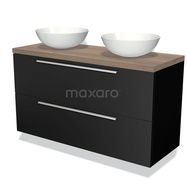 Zwarte badkamerkast met houten blad en twee witte opzetwaskommen, strak design ideaal voor moderne badkamers.