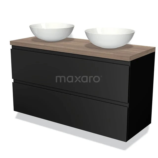 Zwarte badkamermeubelset met twee witte keramische waskommen en houten blad, modern design voor stijlvolle badkamers.