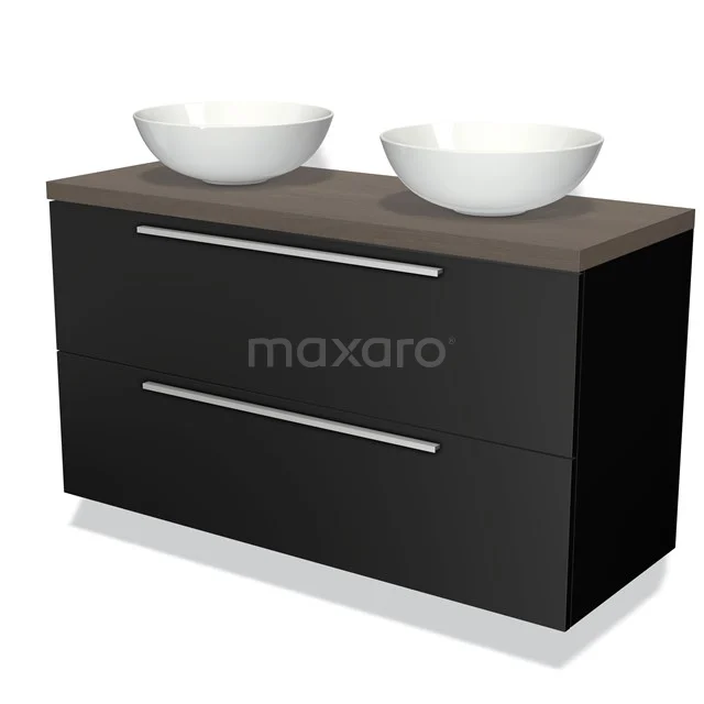 Modulo Plato Vanity units for countertop basin | 120 cm Matte black Flat front Dark brown oak worktop 2 Stacked drawers BMK17-00285