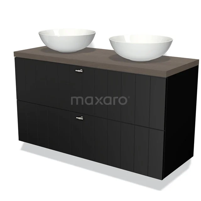 Modulo Plato Vanity units for countertop basin | 120 cm Matte black Slat front Dark brown oak worktop 2 Stacked drawers BMK17-00286