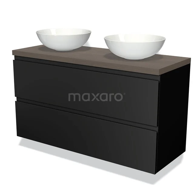 Holz Badezimmermöbel mit schwarzem Unterbau und zwei weißen Waschbecken; stilvolles Design für moderne Bäder.