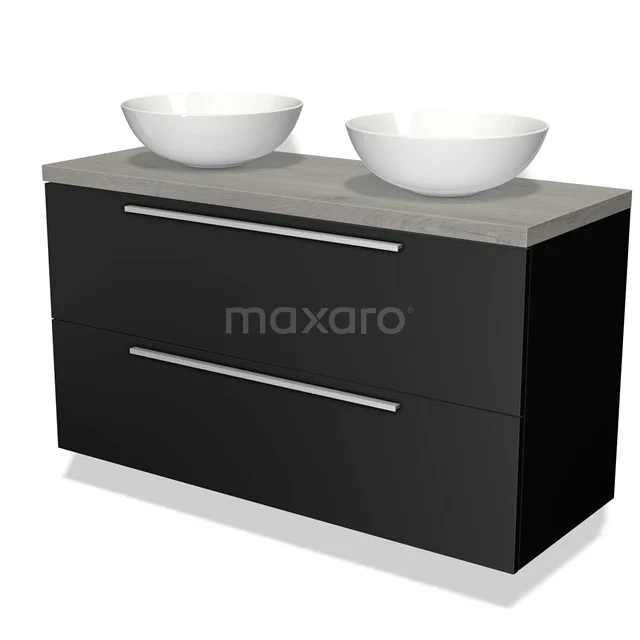 Zwart dubbel badkamermeubel met twee witte waskommen, grijstint bovenblad en strakke metalen handgrepen, modern design.