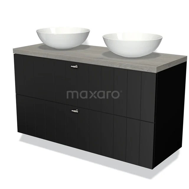 Zwart badkamermeubel met twee witte waskomvormige wastafels en een grijs blad, modern design voor badkamerinrichting.