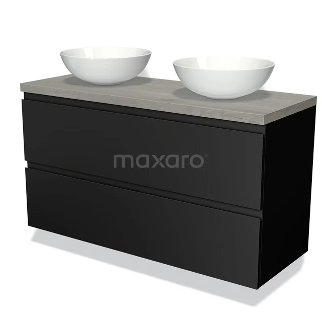 Zwarte badkamermeubelset met betonlook blad en twee witte waskommen, modern design passend voor elke stijlvolle badkamer.