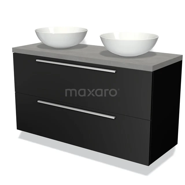 Zwart hangend badkamermeubel met twee witte waskommen, een grijze bovenkant en een modern strak design.