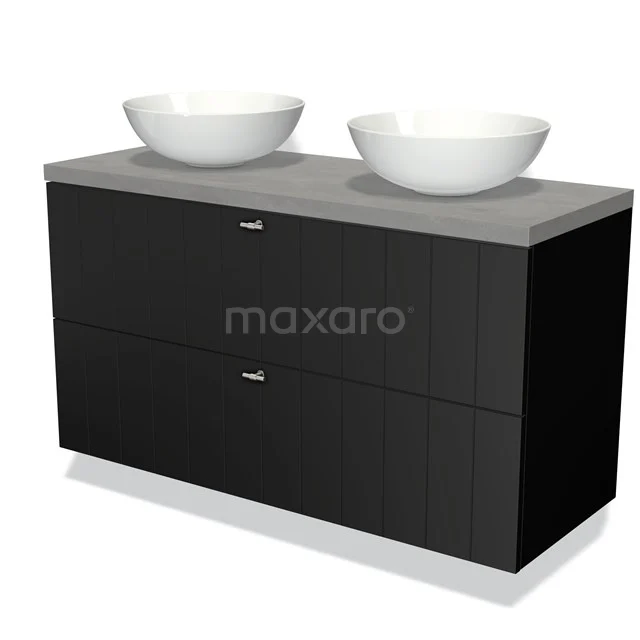 Zwart badkamermeubel met twee witte waskommen, mat grijze bovenkant, strak design, ideaal voor een moderne badkamer.