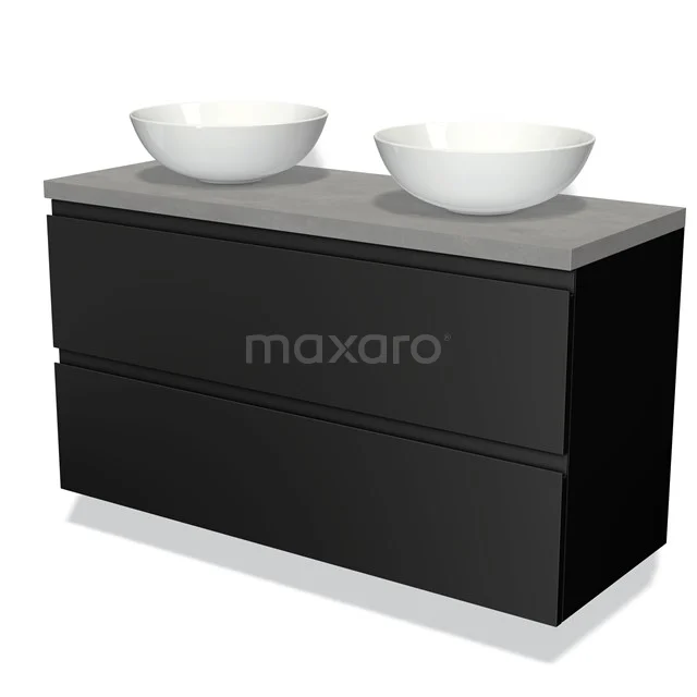 Zwarte badkamermeubelset met dubbele wastafel, modern design en betonlook blad, ideaal voor stijlvolle badkamers.