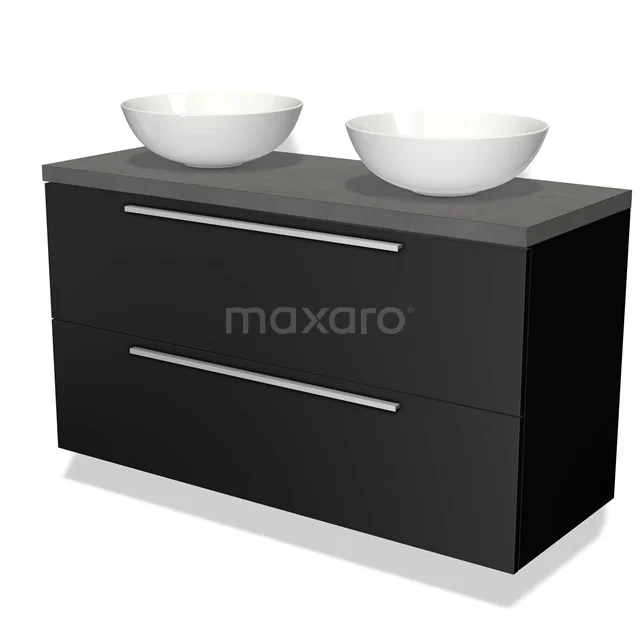 Zwart badkamermeubel met twee witte wastafels, modern ontwerp, metalen grepen en ruime opberglades.
