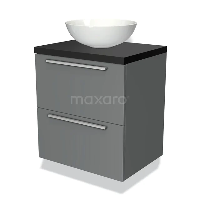 Graue Badmöbelset mit schwarzer Platte, weißem Aufsatzwaschbecken und zwei Schubladen; schlichtes und modernes Design.