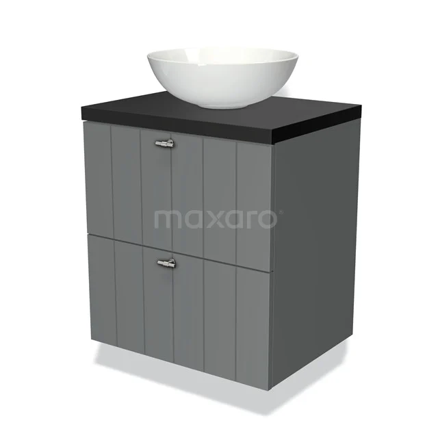 Grijze badkamerkast met zwarte bovenkant, witte komvormige wastafel, paneldesign en metalen handgrepen, ideaal voor modern interieur.