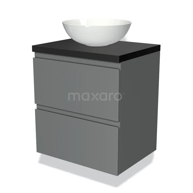 Graue Badmöbelset mit schwarzer Platte und weißem Aufsatzwaschbecken, modernes Design mit zwei Schubladen für optimalen Stauraum.