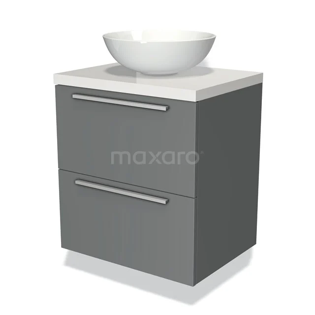 Grijze badkamerkast met twee lades en een witte ronde wastafel, gemaakt van hoogwaardig materiaal voor een moderne uitstraling.
