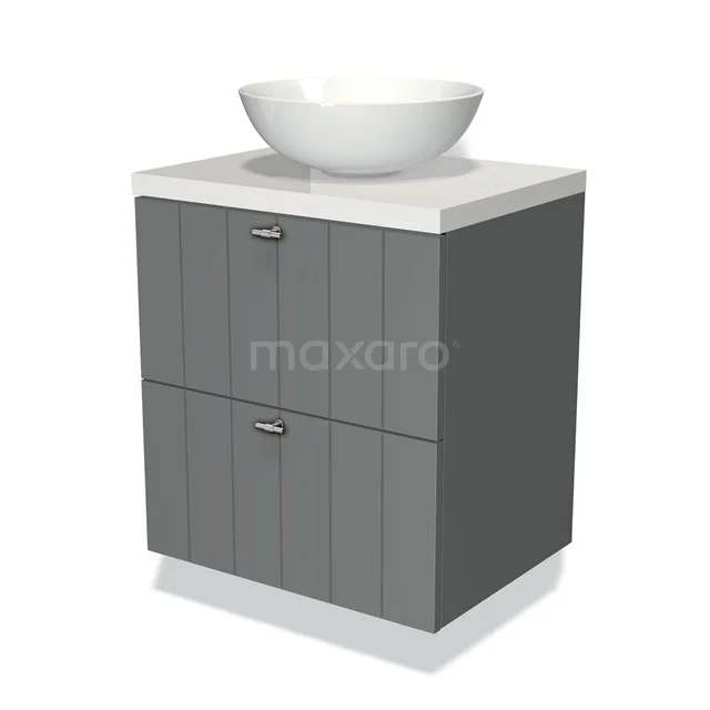 Badmöbel für Waschtischunterschrank mit Konsole 60cm Modulo Plato Mittelgrau 2 Schubladen Lamellen Hochglanz Weiß Platte BMK17-00301 Graue Badmöbelset mit keramischem Waschbecken, vertikalen Linien auf der Schranktür, ideal für einen modernen Badezimmerstil.