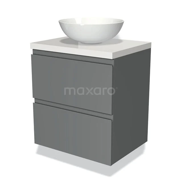 Graue Badmöbelset mit Aufsatzwaschbecken und zwei Schubladen, modernes Design, ideal für stilvolle Badezimmergestaltung.