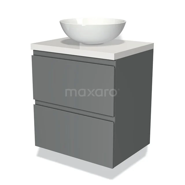 Grijze badmeubelset met opzetwaskom en twee lades, modern design, ideaal voor stijlvolle badkamerinrichting.