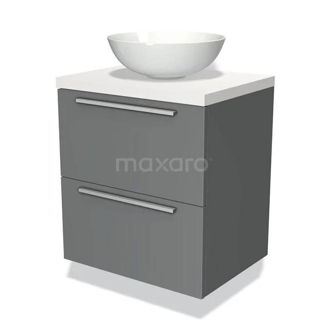 Grijs badkamermeubel met witte waskom, stijlvolle opberglades en modern design, ideaal voor een strak ingerichte badkamer.