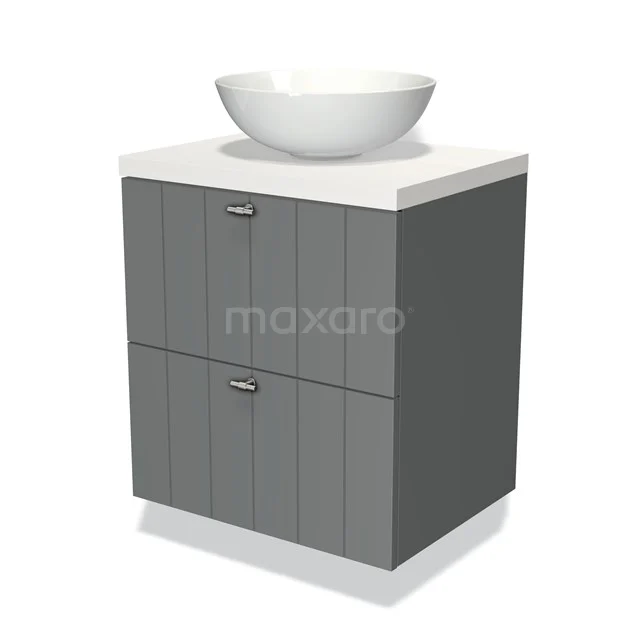 Grijze badkamermeubel met wit keramische wastafel, modern design en twee opbergvakken voor stijlvolle badkameroplossing.