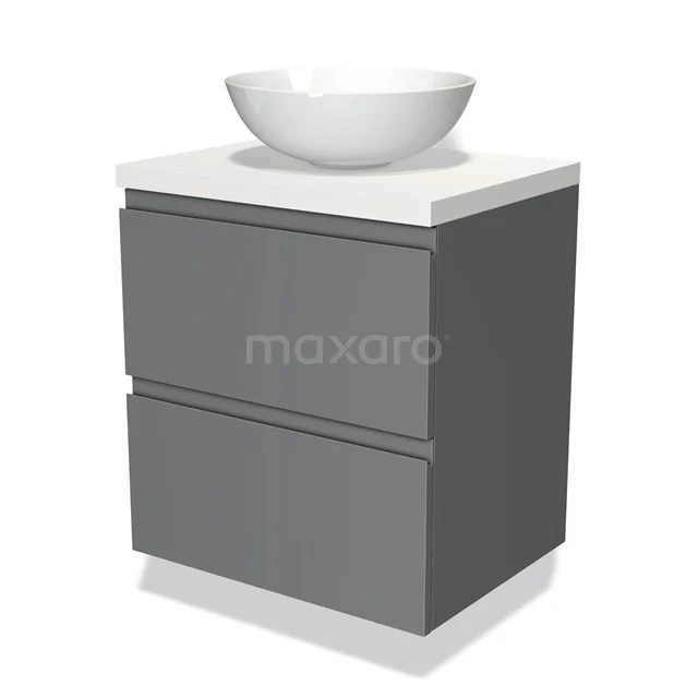 Graue Badmöbelset mit zwei Schubladen, weißem keramischen Aufsatzwaschbecken und robuster Verarbeitung für moderne Bäder.