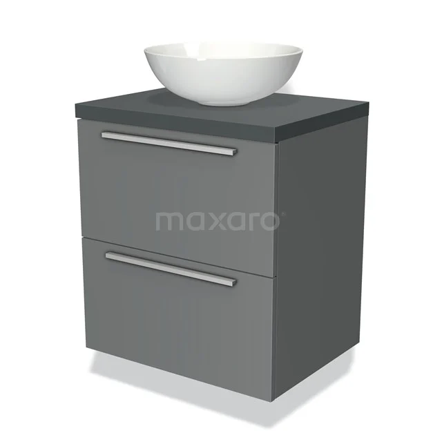 Grijze badkamerkast met twee lades en een keramische waskom, modern design, geschikt voor stijlvolle badkameropslag.