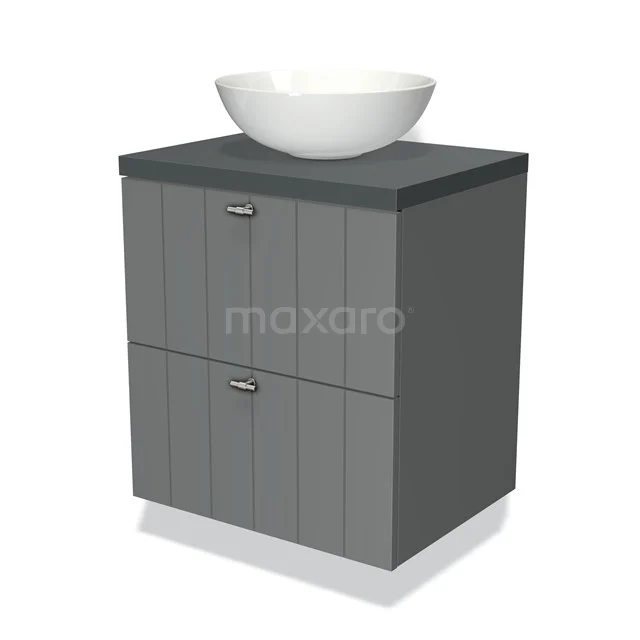 Grijze badkamermeubelset met twee lades en een witte opzetwastafel, moderne stijl, perfect voor een strak badkamerontwerp.