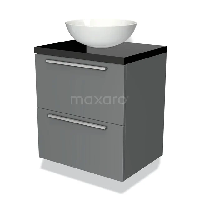 Grijze badkamermeubel met zwarte top, twee lades en witte ronde opbouw wastafel, modern design.