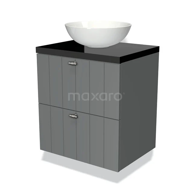 Grijs houten badkamermeubel met zwarte bovenkant en een ronde witte wastafel, ideaal voor een moderne badkamerstijl.
