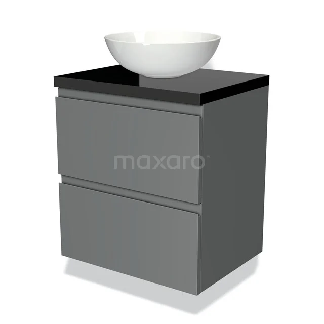 Grijze badkamermeubelset met zwart blad en witte opzetwaskom, modern design, ideaal voor een stijlvolle badkamer.