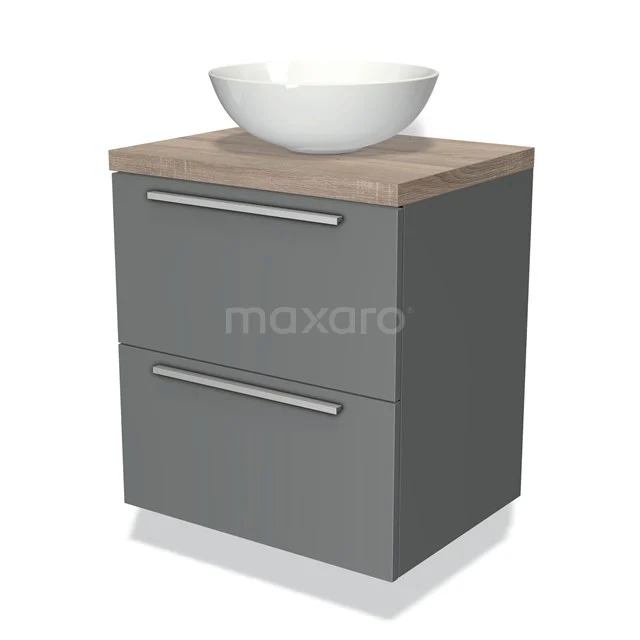 Grijs badkamermeubel met houtlook blad en ronde witte wastafel, 2 lades met metalen handgrepen.