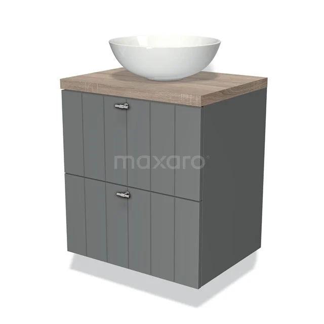 Grijs badkamermeubel met houtlook blad, keramische wastafel en twee greeploze lades; stijlvol en compact ontwerp.