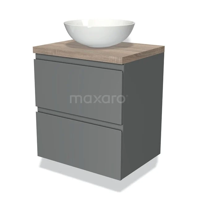 Grijze badkamermeubelset met houtlook blad en witte keramische waskom, modern design met twee lades.