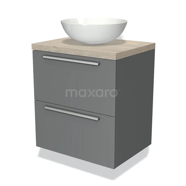 Grijs badkamermeubel met twee laden, een houtlook blad en een opbouw wastafel; modern en stijlvol design.