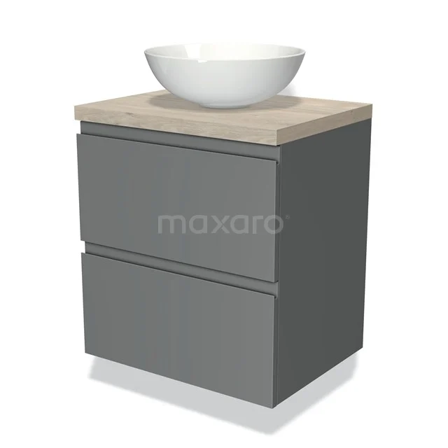 Grauer Badschrank mit Holzplatte, keramischem Aufsatzwaschbecken, modernes Design, ideal für ein schick eingerichtetes Badezimmer.