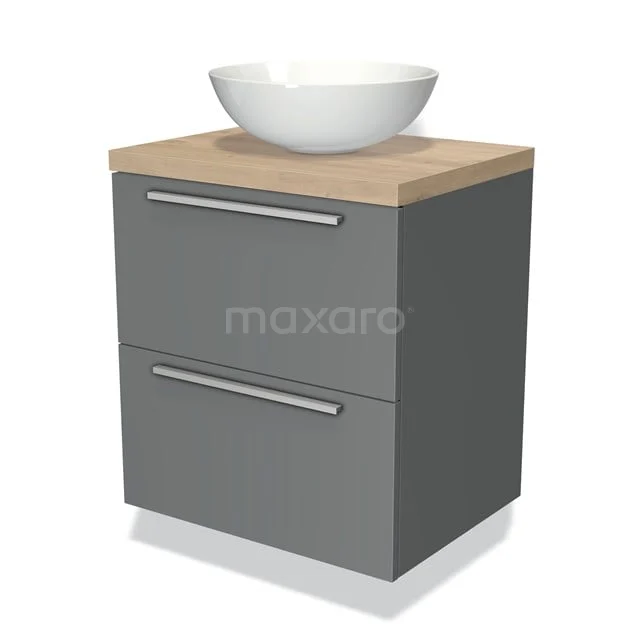 Graue Badmöbelset mit weißem keramischen Aufsatzwaschbecken, hölzerner Platte und zwei Schubladen, ideal für moderne Bäder.